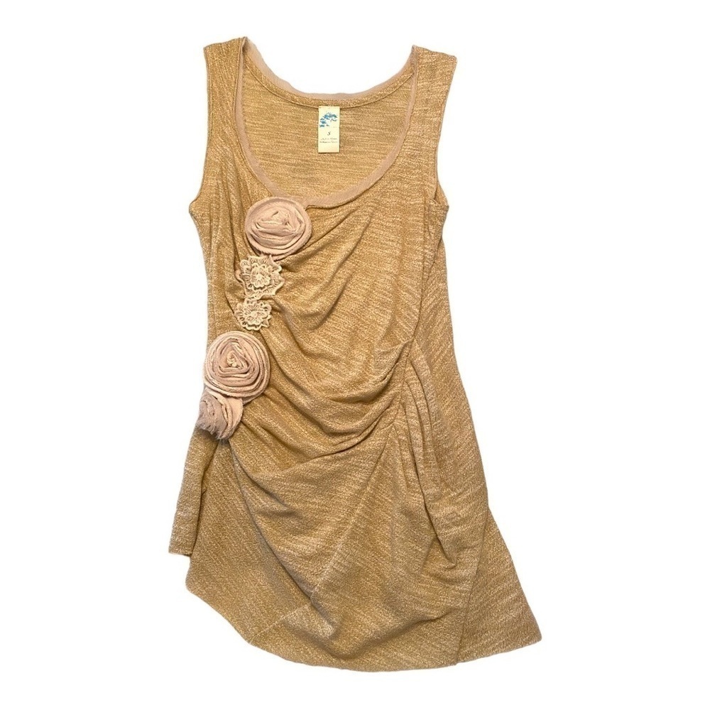 Anthropologie Tan Gold Metallic Tank Top with Flower appliqué Size Small